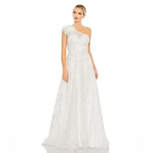 Mac Duggal White One-Shoulder Maxi Dress